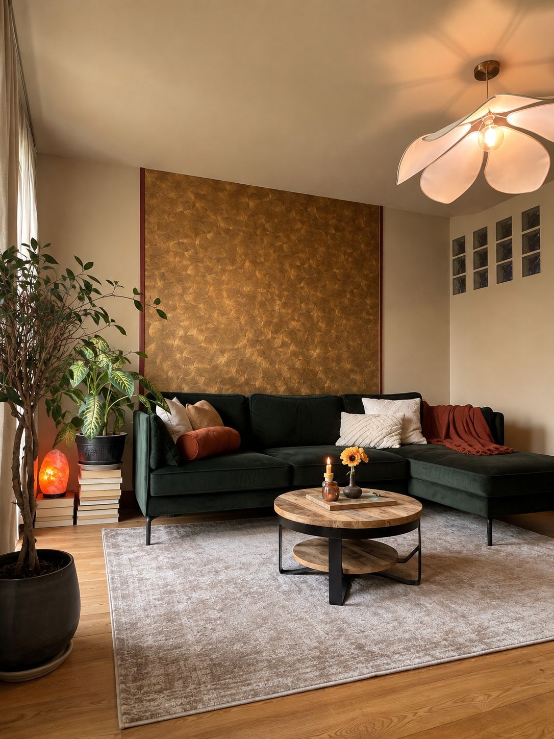 Woonkamer met donkergroene bank, een goudkleurig wandpaneel en een ronde salontafel