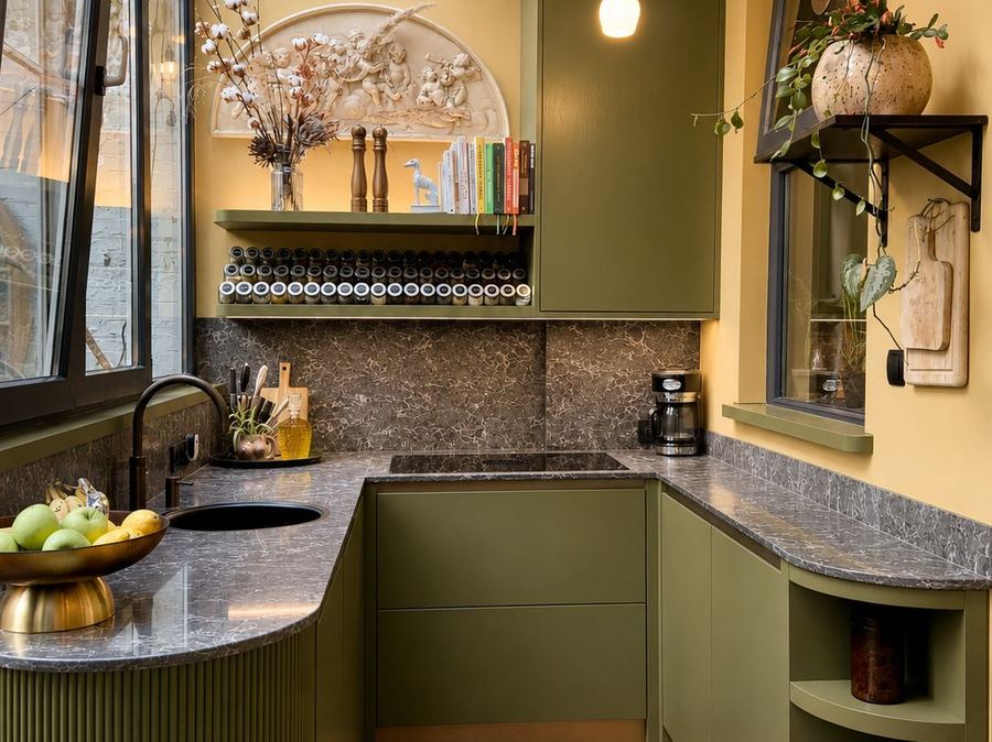 Olijfgroene keuken met natuurstenen werkblad